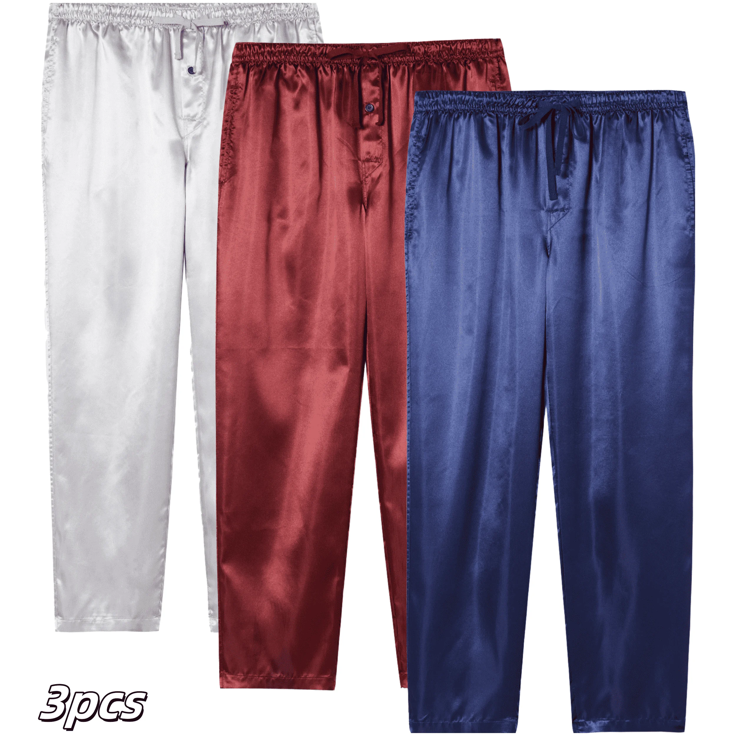 3pcs Men's Pajama Pants Autumn Satin Comfy with Elastic Waistband and Pockets Solid Color Casual Sleepwear