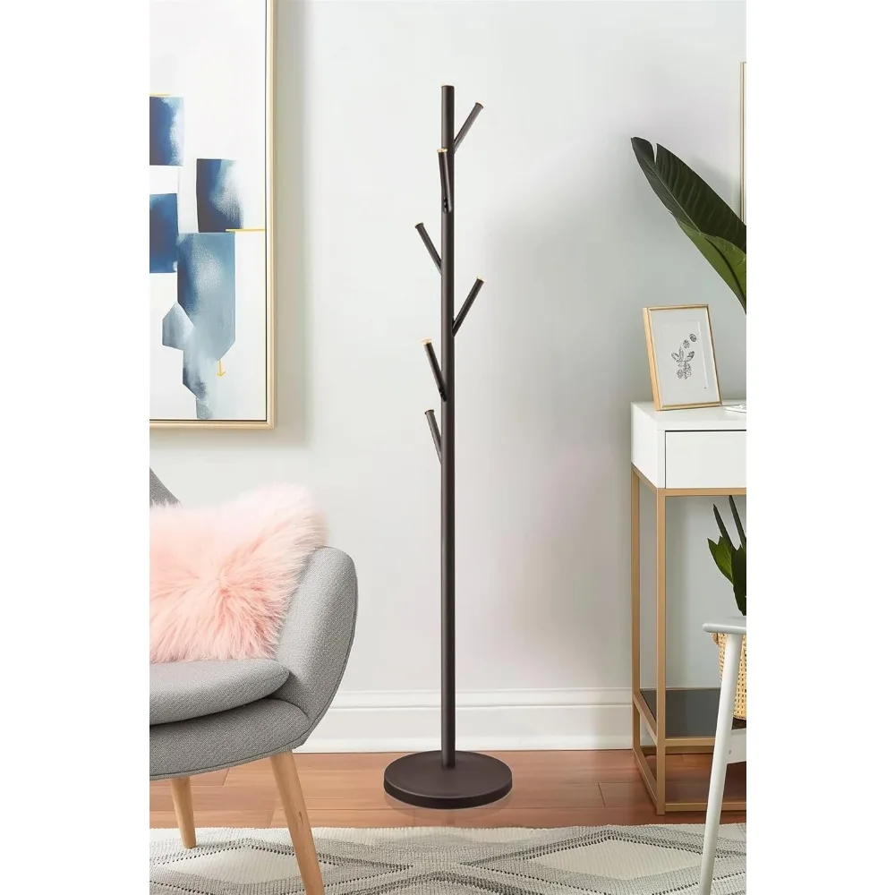 68" Modern 6 Hook Free Standing Metal Coat Rack, Weighted Base