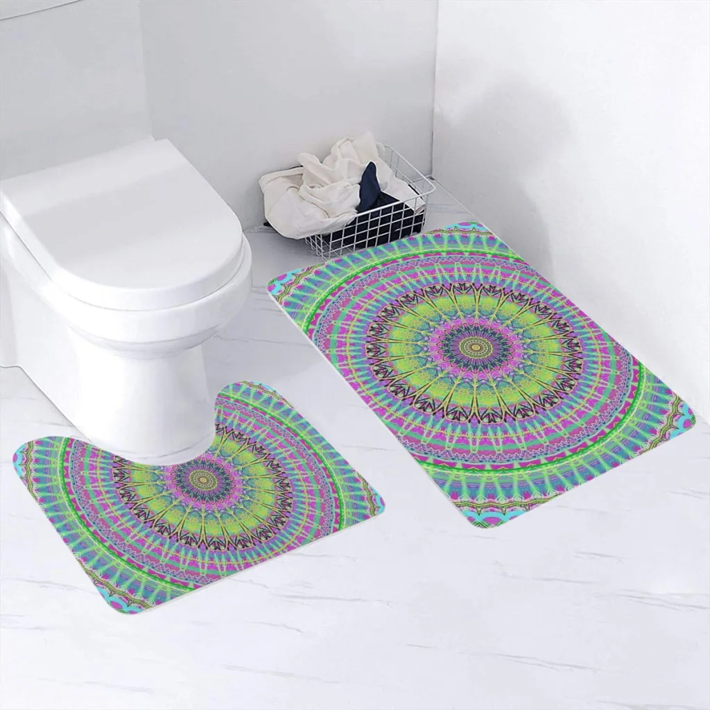 

Pink Green Mandala Design 2 Sets Bathroom Antiskid Pad Non-Slip Bath Carpet Floor Mat Rug Flannel Baths Mat Bathroom Washable