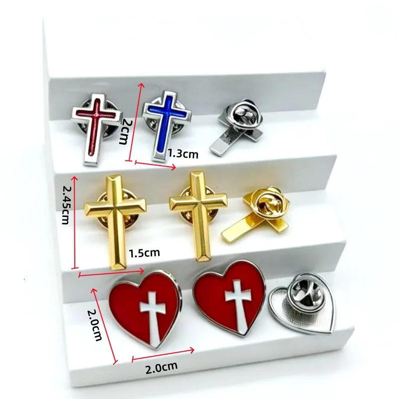 20pcs Christian Cross Enamel Lapel Pin Heart Shape Cross Brooch Zinc Alloy Badge Religious Faith Clothes Backpack Hat Decorative
