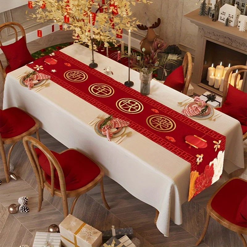 Chinese 2025 Happy New Year Red Lantern Linen Table Runner Party Decorations Spring Festival Table Runners Dining Table Decor