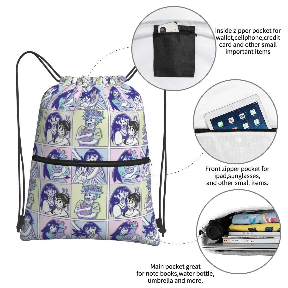 Omori Game Basil Mari Kel Aubrey mochilas portátiles, bolsa con cordón, paquete de cordón, bolsas de zapatos de bolsillo para estudiantes escolares