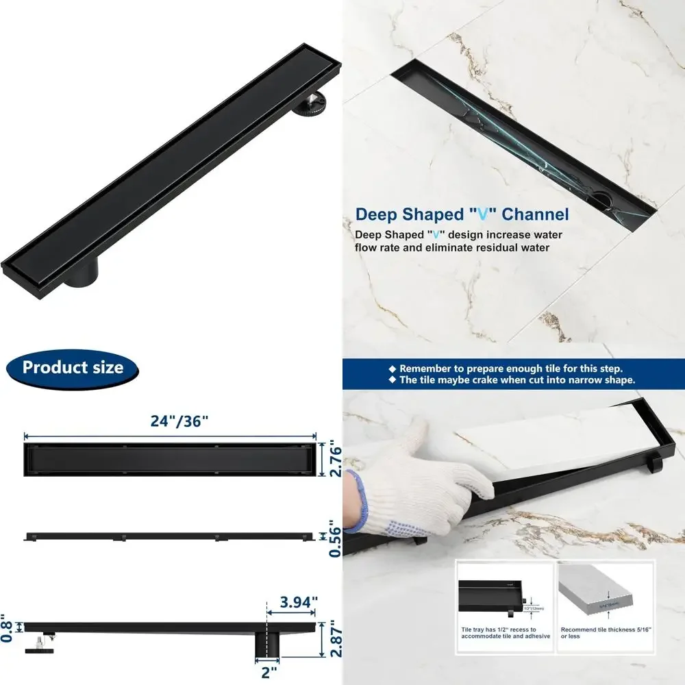 

24-Inch Stainless Steel Offset Linear Shower Drain with Tile Insert Cover and Rectangle Side Outlet for Shower Floors