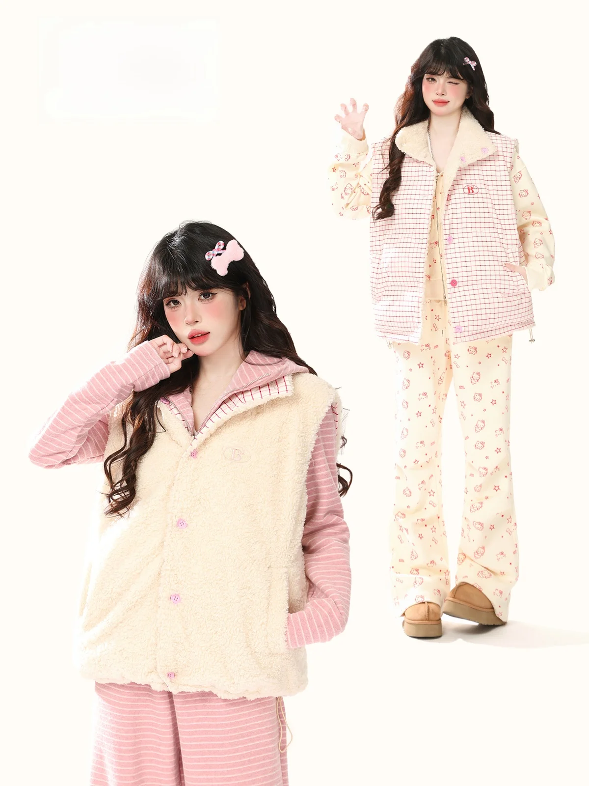 

ENJOG Sweet Plaid Double-Sided Wear Lamb Fur Vest Women's Autumn Winter Soft Lazy Sle Loose Cotton Jaet Outerwear