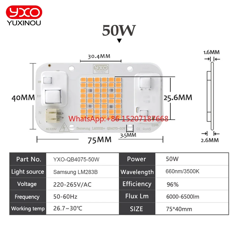 Bahçecilik kapalı bitki büyümek ışık COB LED çip 50w tam spektrum + 660nm bitki büyümek için LED COB çip Linghting çip DIY AC220V