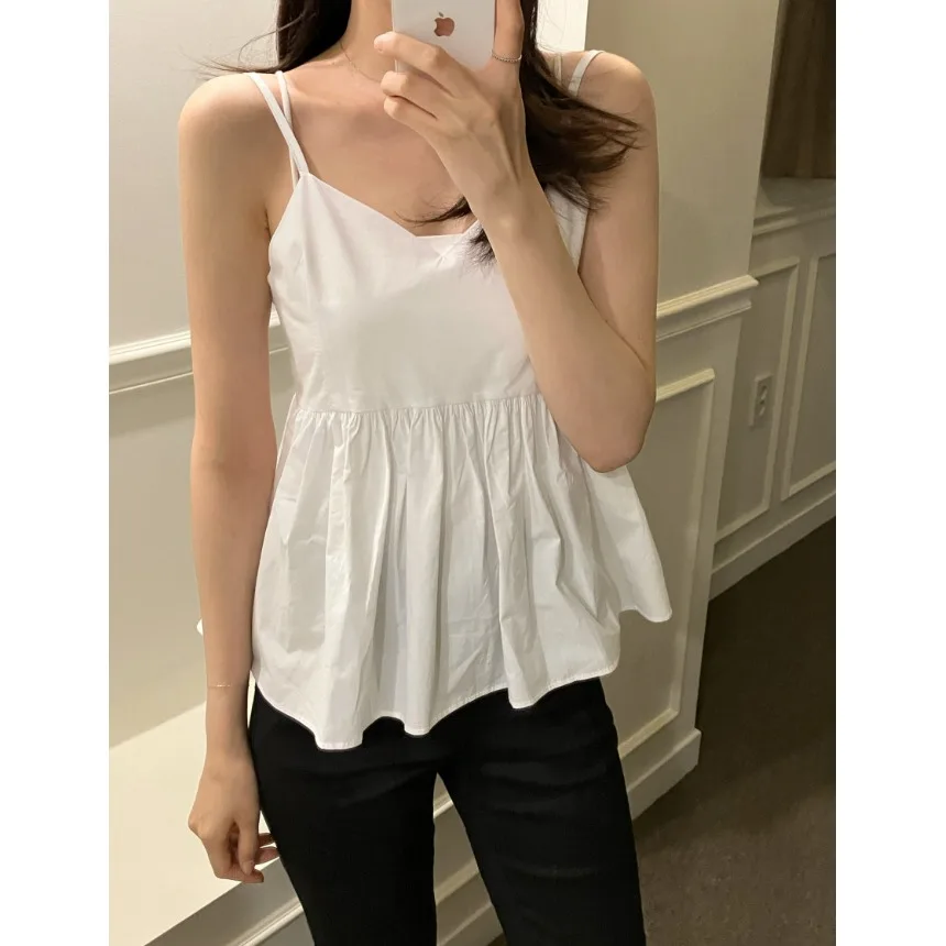 Loose Sleeveless Pure Color Puffy Skirt Design Halter Neck Top Women's Casual Style Summer T-shirt Other Material 100%