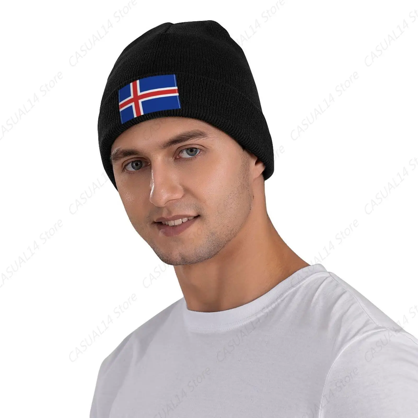 The Icelandic Flag Knit Hat Adult Outdoor Skull Cap Warm Knitted Hat Autumn Winter Classic Beanie Hat Black