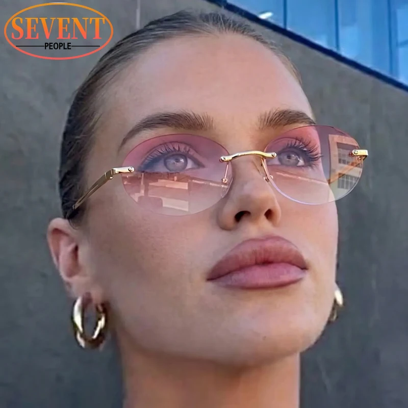 

New Rimless Small Oval Sunglasses Women 2026 Luxury Vintage Y2K Punk Gradient Lens Sun Glasses Frameless Gold Metal Frame Shades