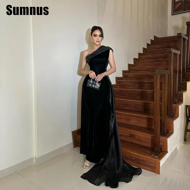 

Sumnus Mermaid Black Velour Prom Dresses Elegant One Shoulder Evening Dress Floor Length Sleeveless Formal Gowns Customized