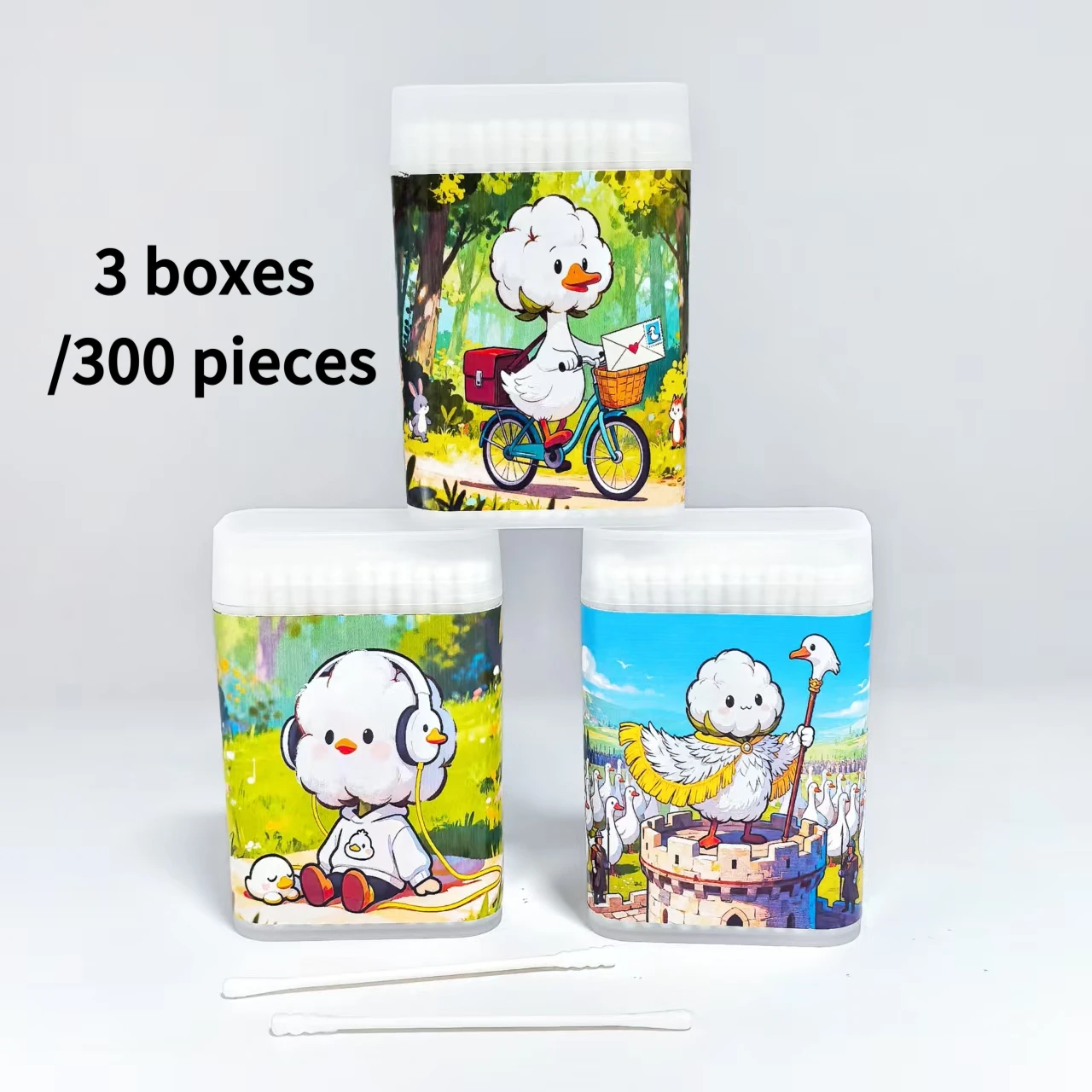 300pcs double-headed design cotton swab sticks with a large white goose theme and round spirals