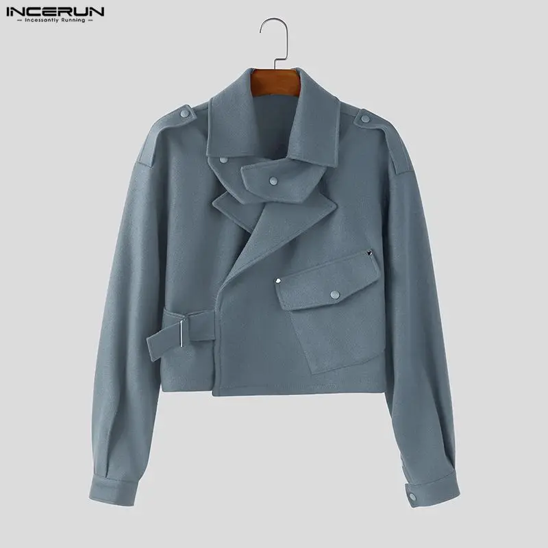 

INCERUN мужские куртки однотонные с лацканами и длинными рукавами на пуговицах повседневные укороченные пальто мужская уличная одежда 2025 карманов модные куртки верхняя одежда