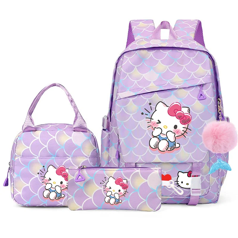 

3 шт., детские рюкзаки Hello Kitty с рыбьей чешуей и подвеской в виде русалки, школьная сумка для обеда, детская школьная сумка для девочек, комплекты