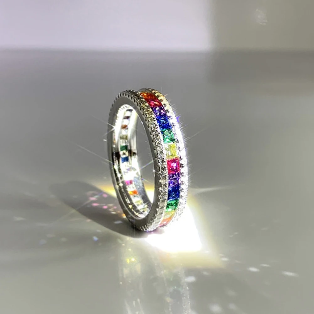 WPB S925 Sterling Silver Rings Rainbow Ring Color Women Luxury Jewelry Personalized Bright Zircon Design Girl Gift Party