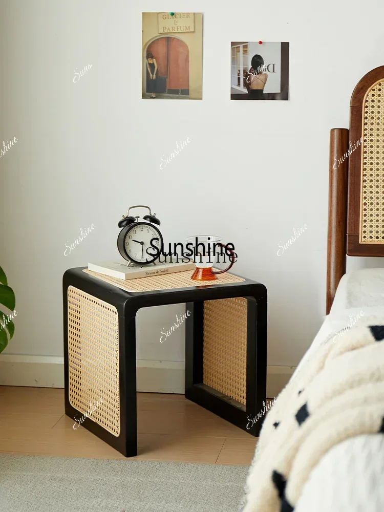 

Retro rattan solid wood small square stool bedside Japanese creative makeup low stool cabinetX