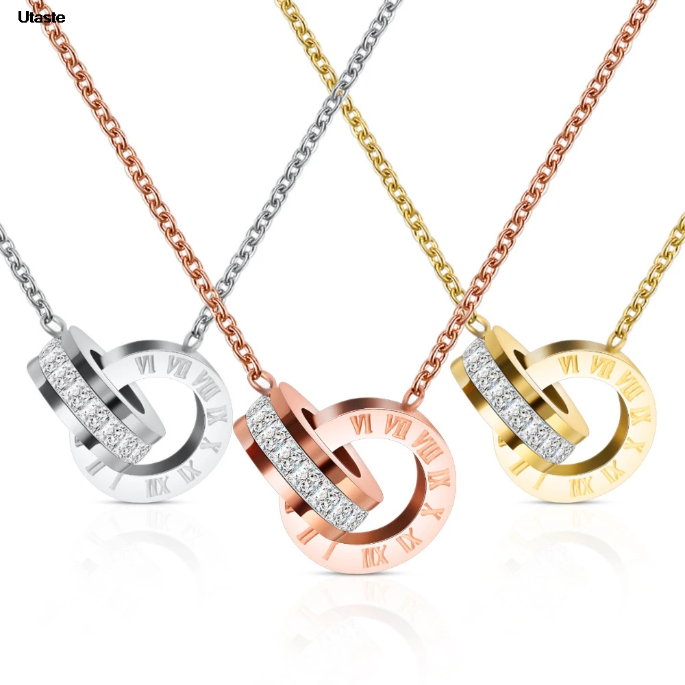 18K Gold Plated Stainless Steel Interlocking Circles Infinity Style Roman Numbers Wedding Statement Collar Necklace For Women