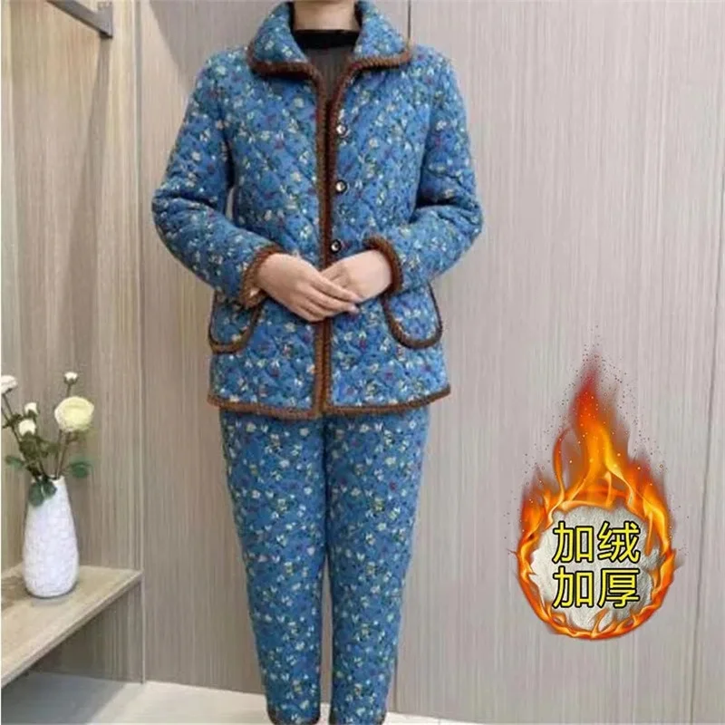 Mother\'s Winter Plush Cotton Padded Jacket Cotton Trousers Suit For Middle-Aged And Elderly Women Loose Add Cotton Padded Jacket