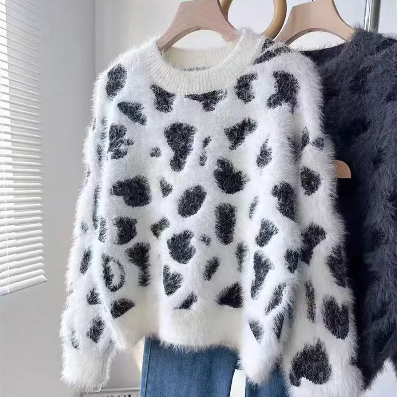 

Толстый мягкий плюшевый женский свитер с имитацией норкового меха, вязаный свитер с круглым вырезом, пушистая базовая рубашка, трикотаж, осенне-зимний наряд