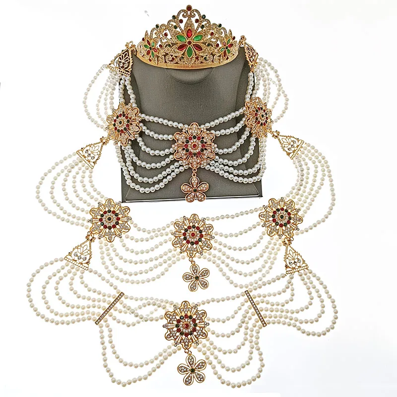 Arabian Wedding Jewelry Set Bridal Crown Imitation Pearl Necklace Gold Plated Metal Flower Breast Jewelry Muslim Women Gifts