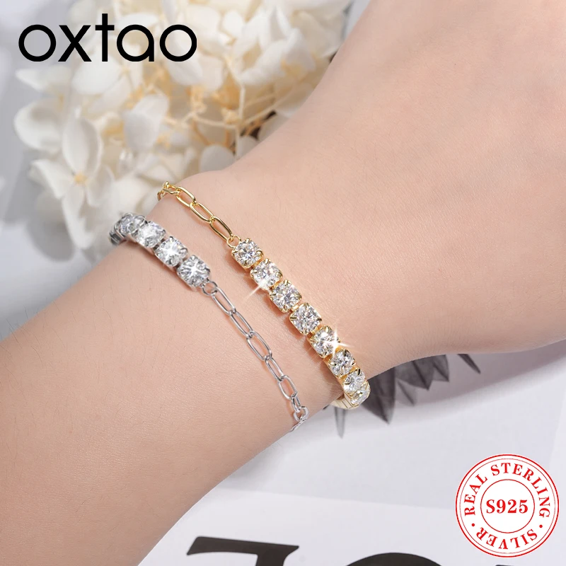 

OXTAO S925 Silver Half Moissanite Tennis Bracelet 2mm/5mm for Women D Lab Diamond Wedding Stacking Paperclip Bracelets Jewelry