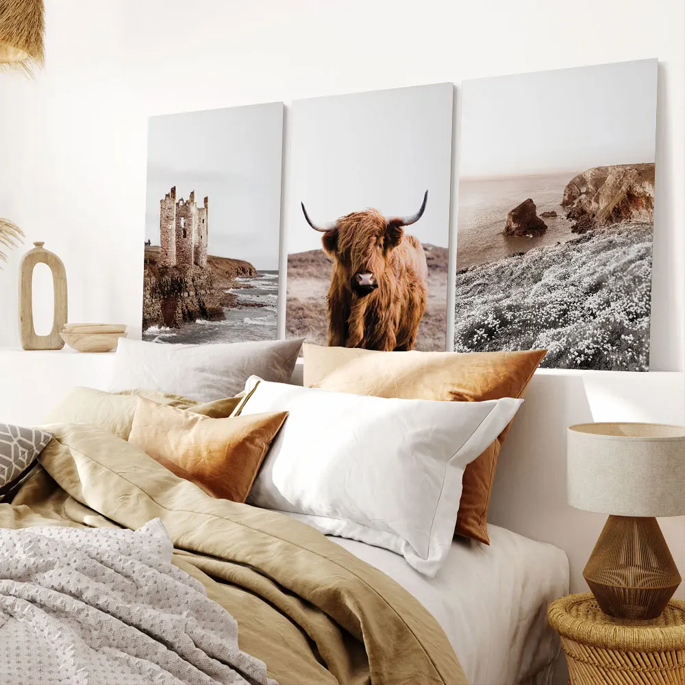 3 Piece Autumn Highland Cow Poster Canvas Print Painting Farmhouse Wall Art Bedroom Study Studio Living Room Home Decoration