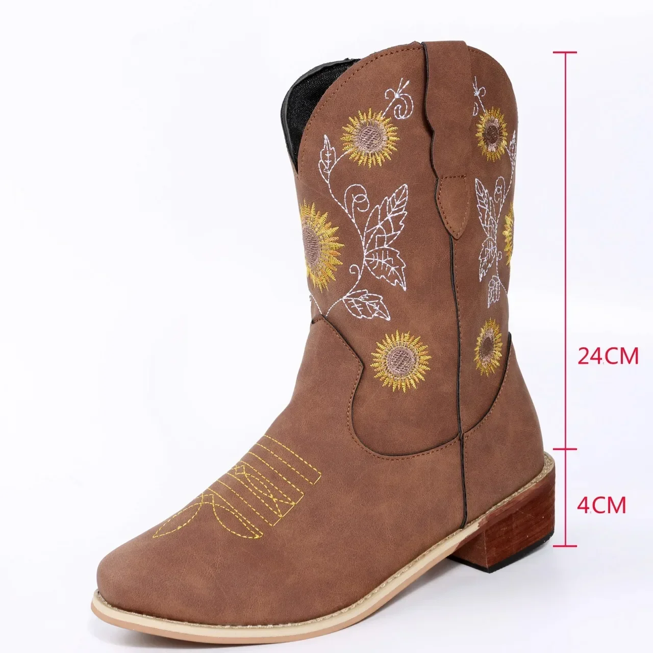 Women\'s Boots PU Leather Printed Embroidered Boots Classic High-top Casual Womens Shoes Sunflower Block Heel Ladies Boots Botas