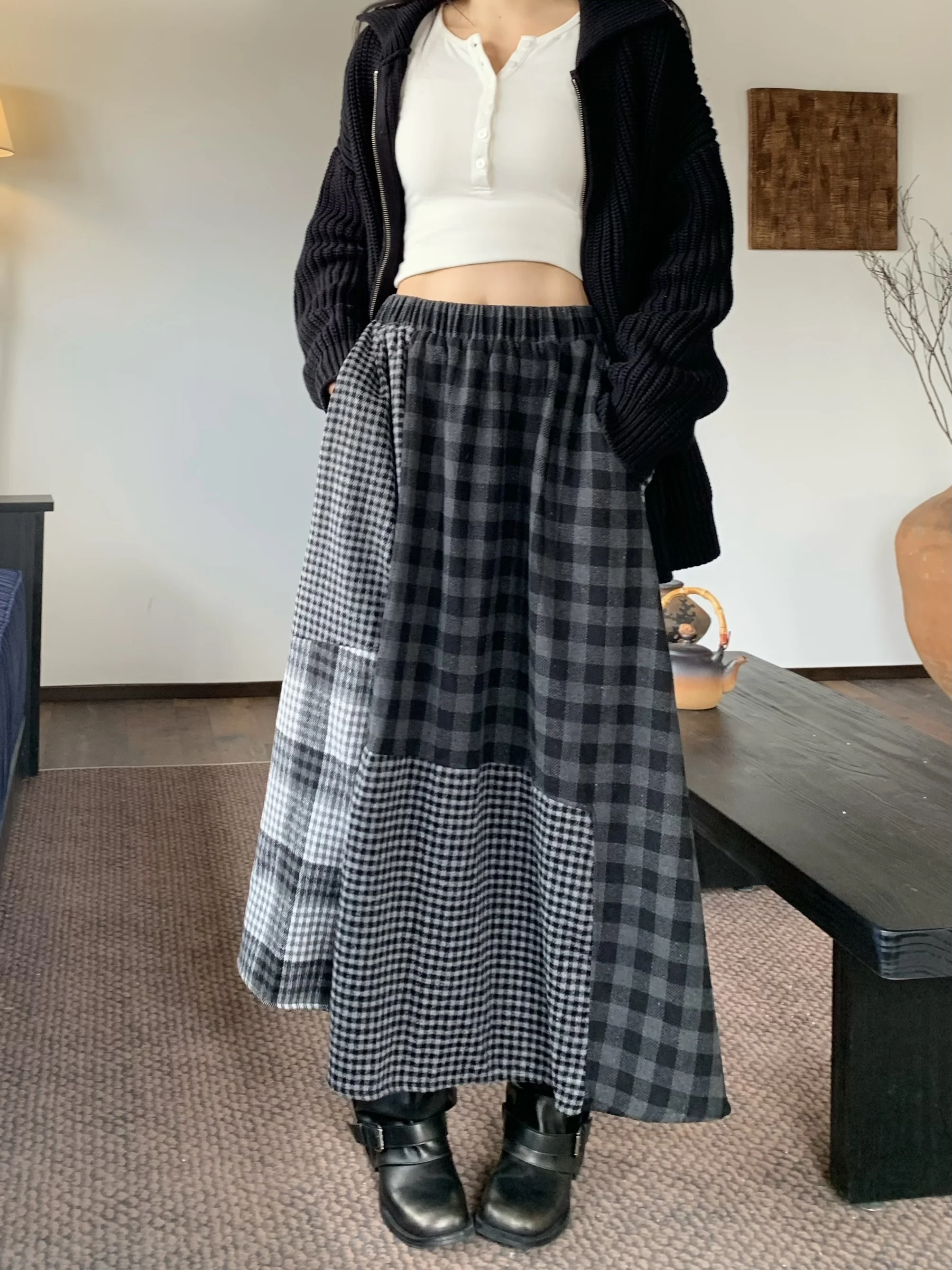 تنورة نسائية ريترو Y2k منقوشة من الصوف ميدي تنورة خريفية مرنة الخصر تنورة غير رسمية على شكل حرف a Harajuku Niche Preppy متعددة الاستخدامات