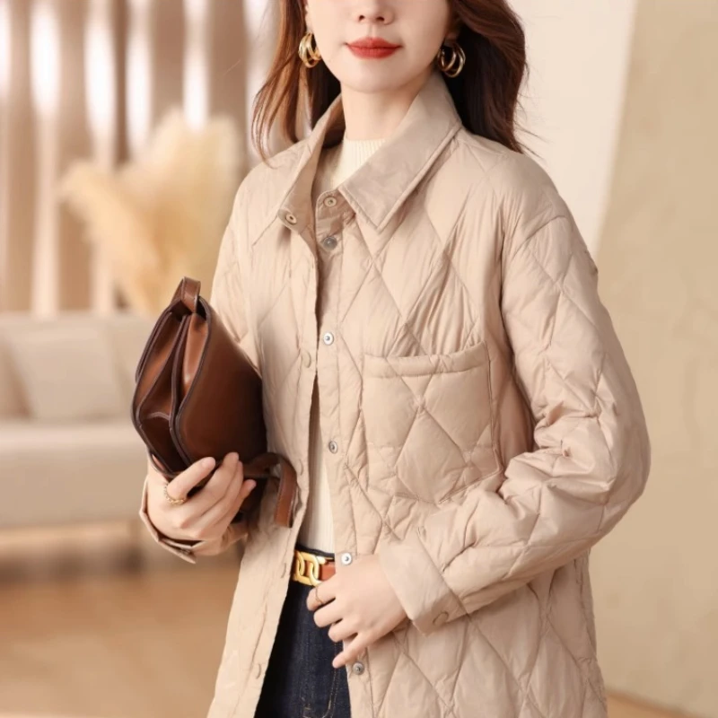 Lightweight Down Jacket for Women, Loose Shirt Collar Jacket, Diamond Pocket, Medium Length, New, Autumn and Winter, 2024