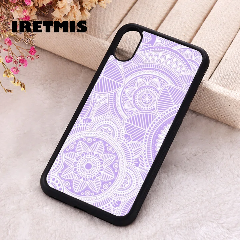 Iretmis Phone Cover Case For iPhone X XS Max XR 11 12 13 PRO MINI 14 15 16 Plus Rubber Lavender With White Mandala Design