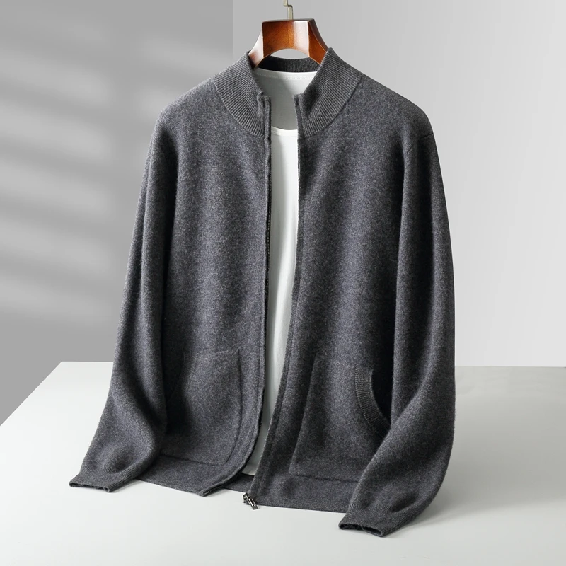 Autumn And Winter New 100% Pure Wool Men's Knitted Semi-Turtleneck Jacket Thickened Zipper Sweater Cashmere coat