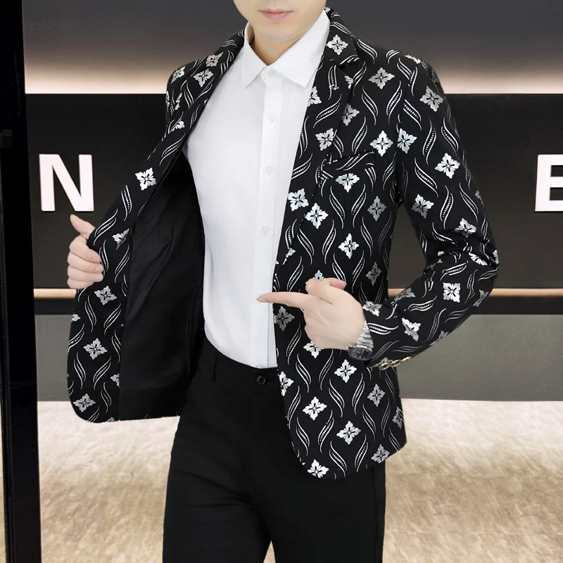 

2025 Autumn Winter Fashion Printed Suit Jacket for Men Slim Fit Casual Men Blazers Streetwear Social Business Wedding Dress Coat