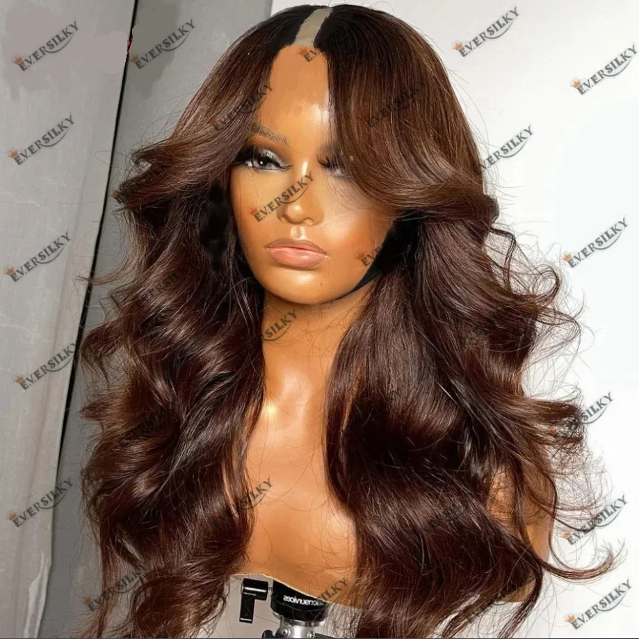 

V Part Wig Indian Remy Human Hair Dark Chocolate Brown U Part Wig Human Hair Wig Loose Wavy Chestnut Brown Glueless Full End