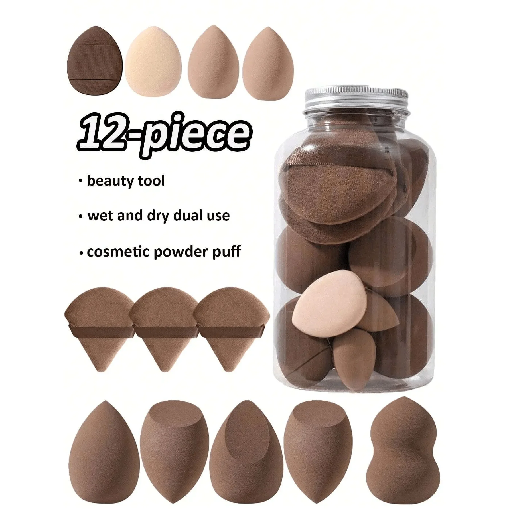 ชุดฟองน้ําแต่งหน้า 12 ชิ้น รวมถึงพัฟแป้งเสริมความงาม อุปกรณ์แต่งหน้า ฟองน้ําแต่งหน้า (เปียกและแห้ง) แป้งและคอนซีลเลอร์