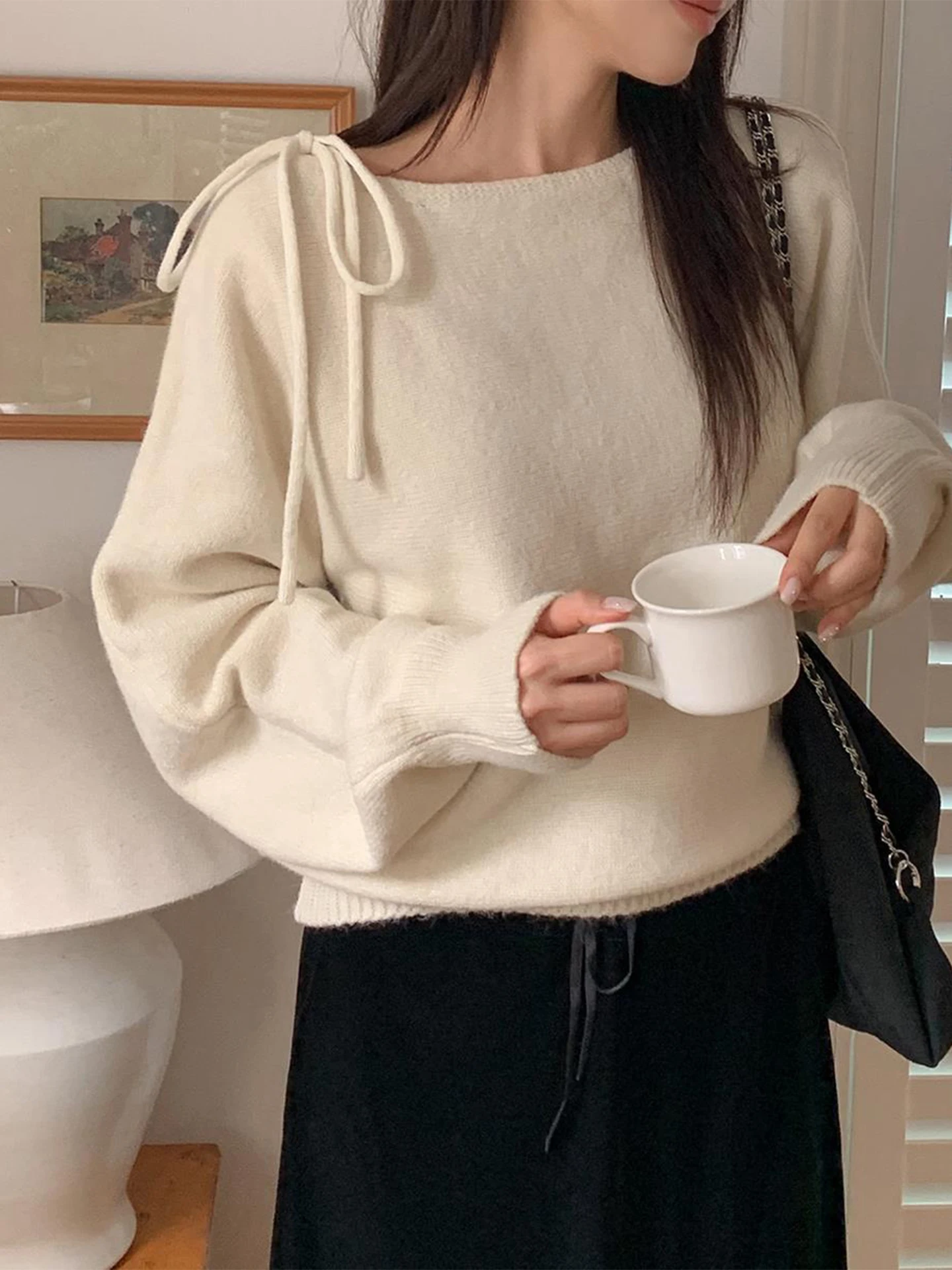 Doux Sle asymétrique sangle nœud tricoté pull femmes automne hiver Anti-âge doux polyvalent oulder Bared tricots