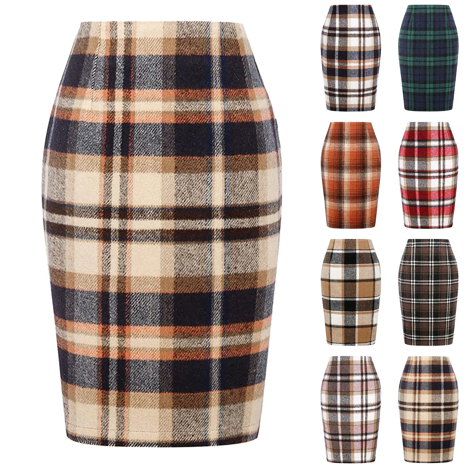 Women Fashion Plaid Printed Slim Pencil Pants Chic High Waist Slim Pencil Skirts Ladies Fashion Elegant Back Zip Up Midi Skirt