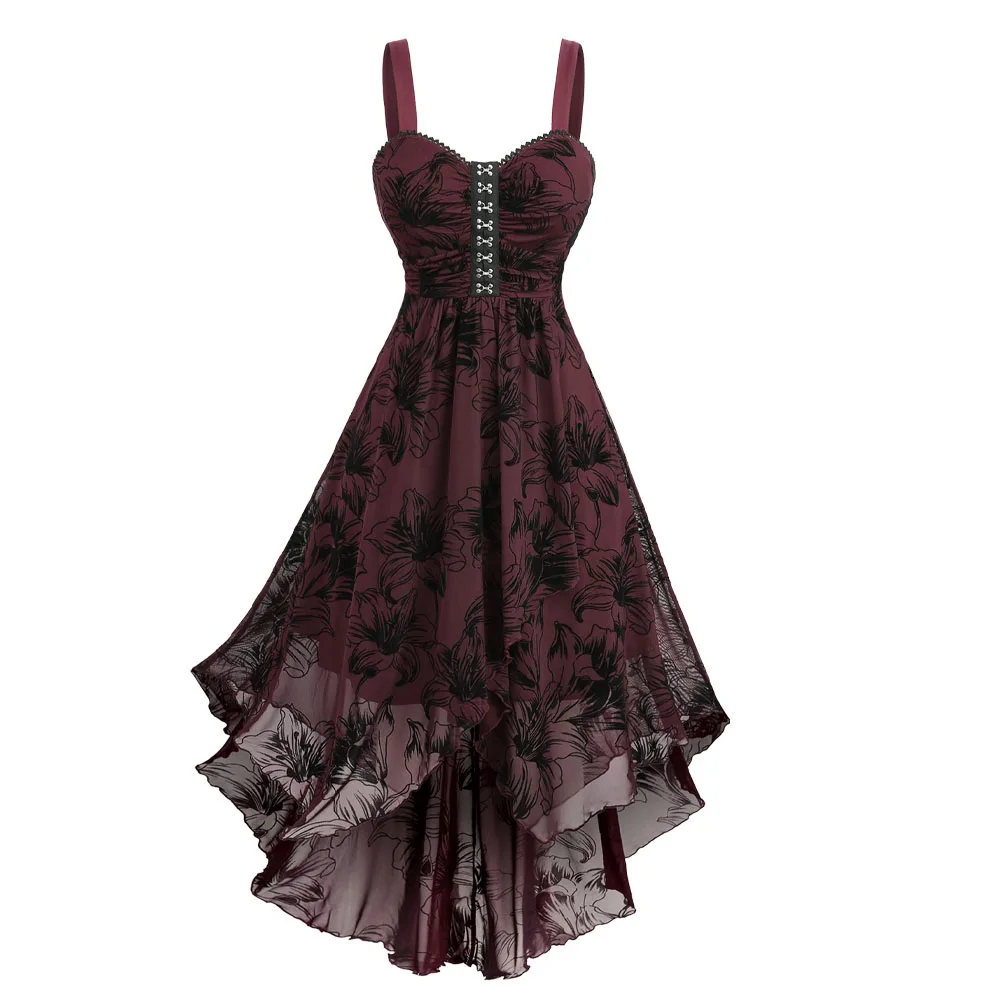 روزغال حجم كبير زهور الزنبق يتدفقون الدانتيل تقليم Ruched غير المتكافئة تانك فستان الاتجاه الجديد فساتين بلا أكمام Vestidos #1