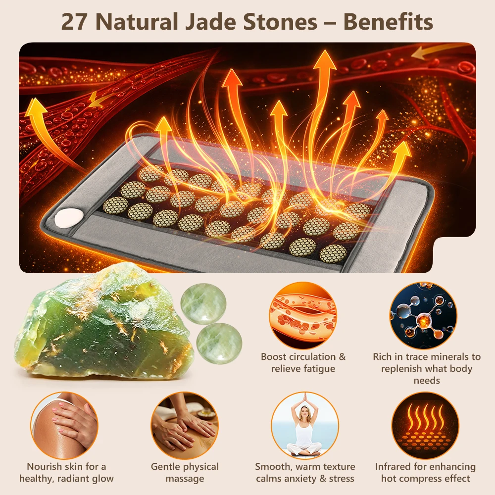 Heating Pad  Electric Heated Mat with 27 Natural Jade Stones 9 Heat Levels 4 Timers Auto-Off Double-Sided Crystal Soft Fleece