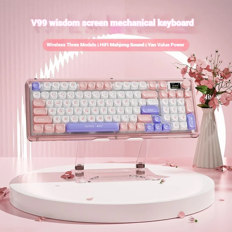 V99 Bluetooth Customized Mechanical Keyboard Smart Screen Three Link Modes Girls Game Office Full Key No Punch Gasket Structure