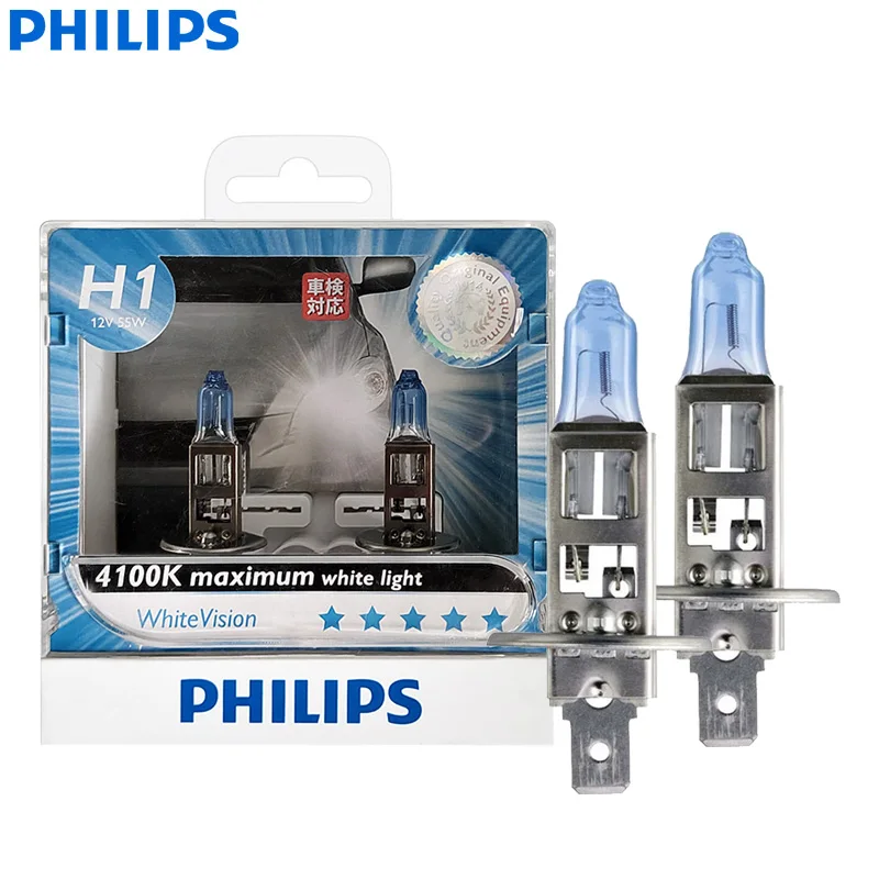 Philips WhiteVision H1 4100K White Light 12V 55W +40% Bright Car Headlight Genuine Auto Bulbs Halogen High Low Beam 12258WHVS2