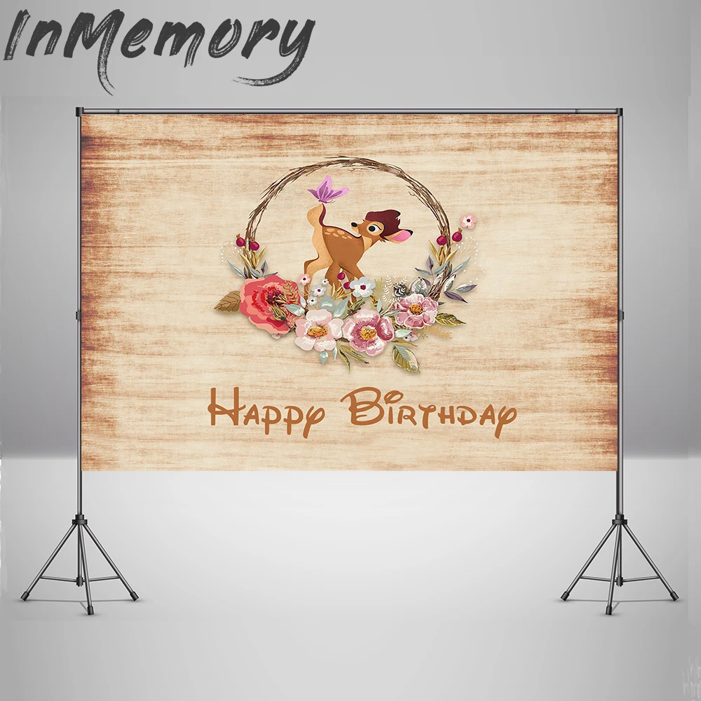 Kids Birthday Banner Flowers Basket Bambi Deer Wooden Plank Wood Party Custom Photo Studio Backdrop Background Vinyl