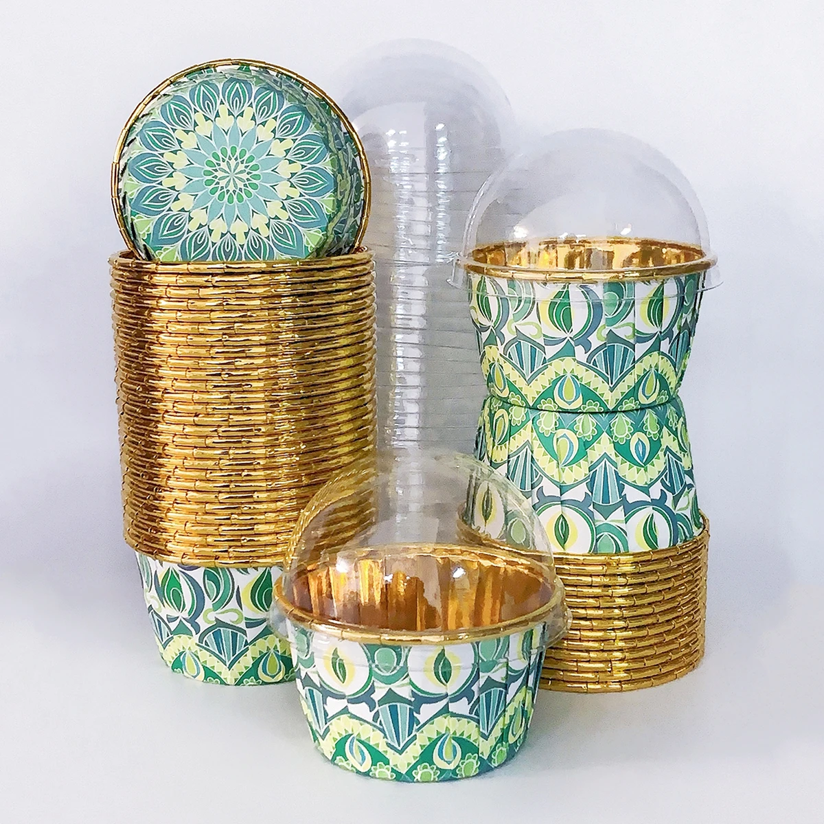 Set, 50 Bohemian Style Cupcakes with Lids, Disposable Muffin Cups, Heat Resistant Glossy Cupcake Liners, Baking Cups
