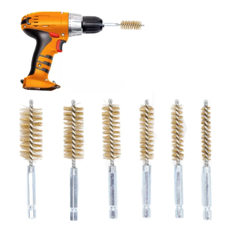

6PCS Bore Brush 4in Rust Proof Twisted Wire Cleaning Brush With 1/4in Hex Shank For Electric Drill Impact Driver Yellow Copper