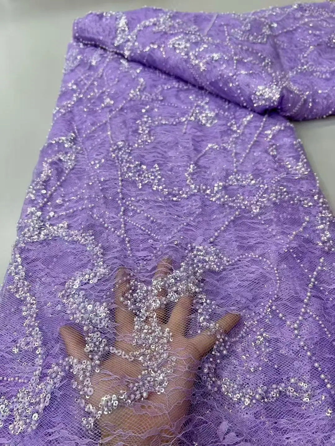

African Beaded Lace Fabric French Bridal Sequins Lace Fabric Luxury Nigerian Tulle Lace Fabric Couture Materiel Sewing