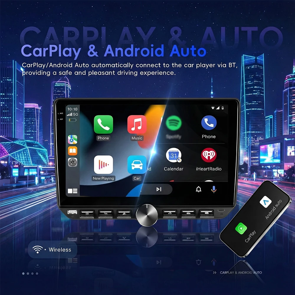 10.1 Inch Rotatable MP5 Car Stereo Wireless CarPlay & Android Auto, Android 15 (4GB+64GB), Bluetooth 5.0, FM/RDS, 6 RCA Output, Touchscreen Car Radio