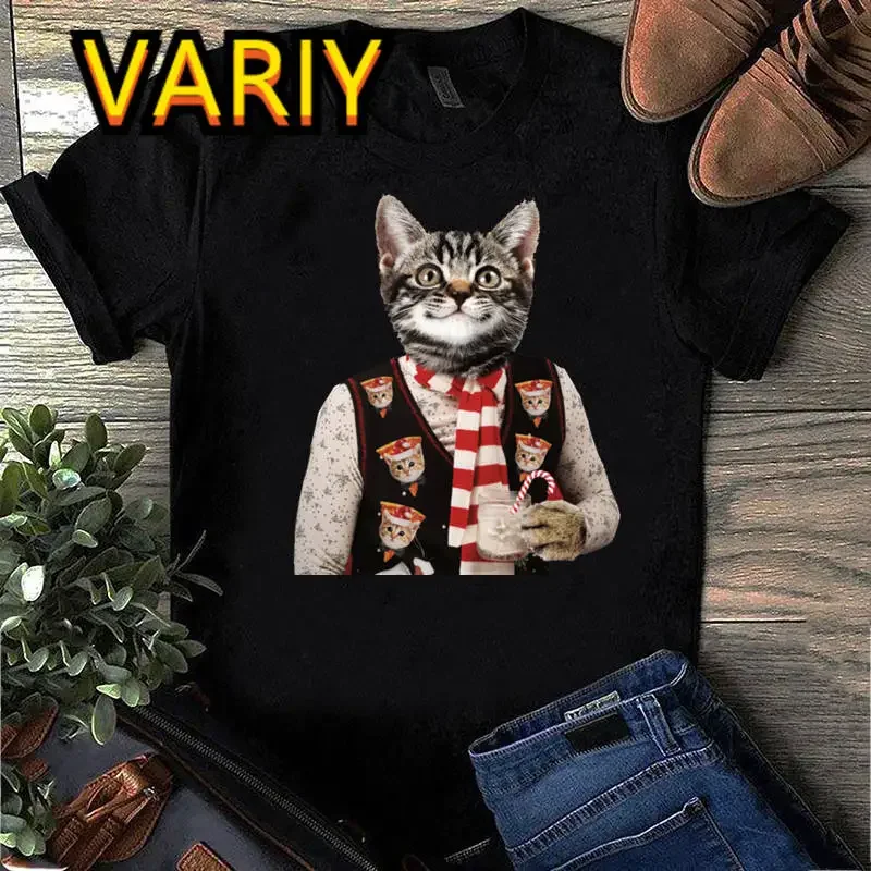 Cute Black Cat Graphic Print T-Shirts Women Christmas Casual Top New Year Tshirts Cartoon Short Sleeve Gift T Shirt Lady Clothes