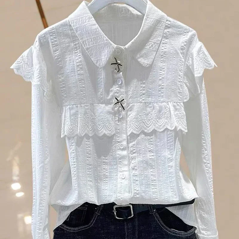 Lace Doll Collar Belly Covering Bottom Small Shirt for Women\'s Spring Autumn New Long Sleeves Chiffon Shirt Casual Top for Women