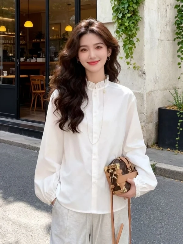 

plus Size Women's Pure Cotton Long Sve irt Stand Collar Base Layer Top Age Reduction Spring 2026 Commute Sle Korean Ve...