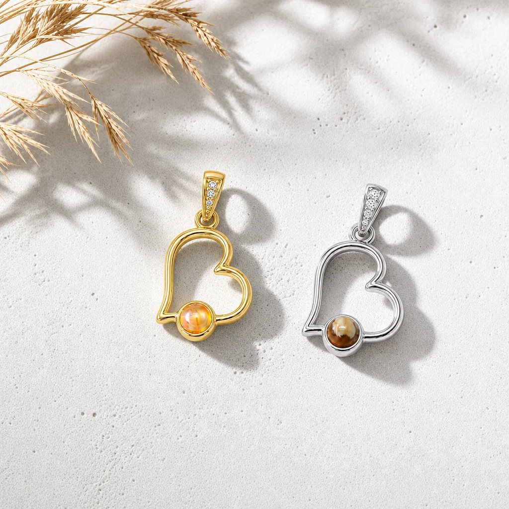ZHENL Open Asymmetric Heart Pendant Charm 18K Gold Plated Stainless Steel Amber Brown Orange Stone Necklace Fine Jewelry