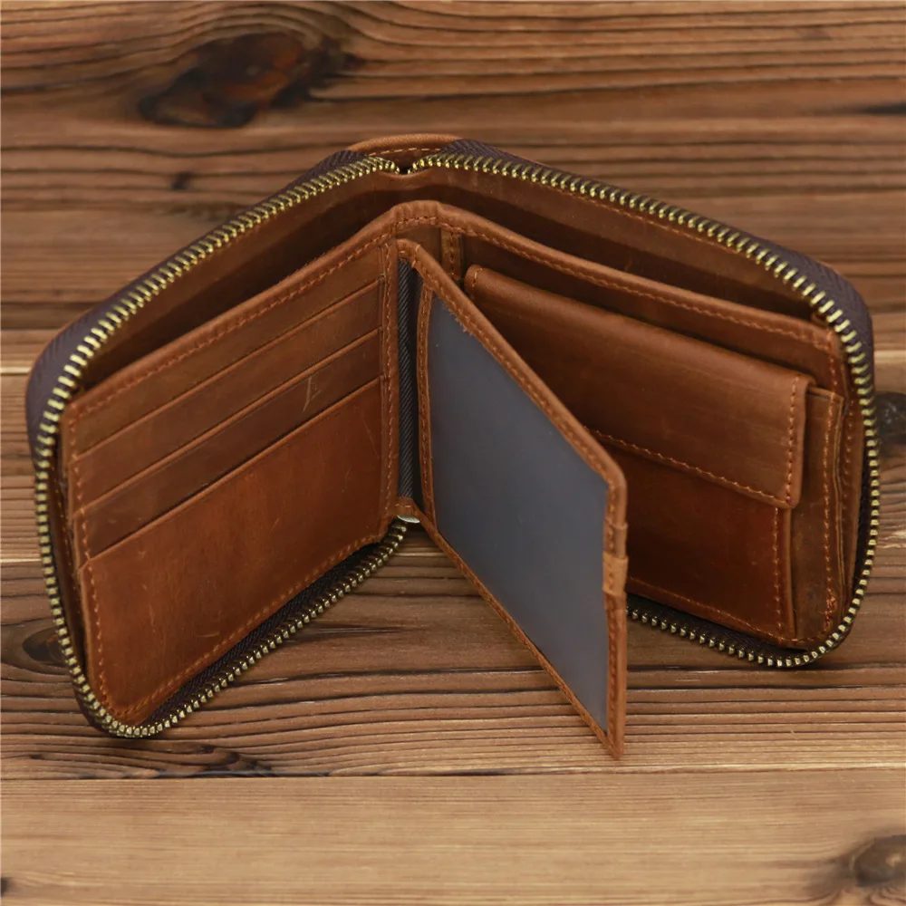 Men's Small Wallet Luxury Vintage Genuine Leather RFID Short Purses for Man with Coin Pocket Card Holder Zipper Around Wallets