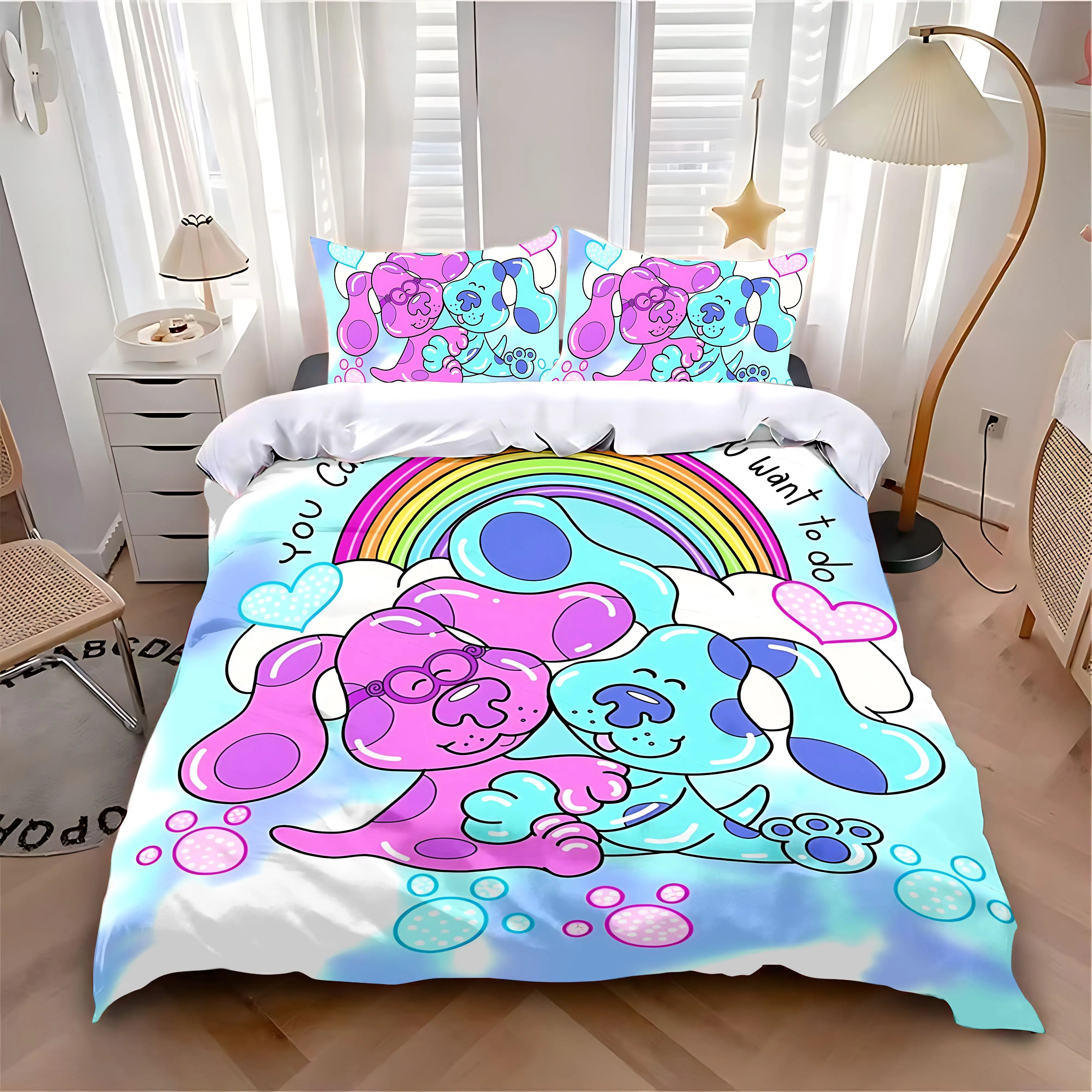 Duvet Cover Pillowcase Bedding Set Adult Boy Girl Bedroom Decoration Children Single Double Large Size Lovely B-Blue’s C-Clues