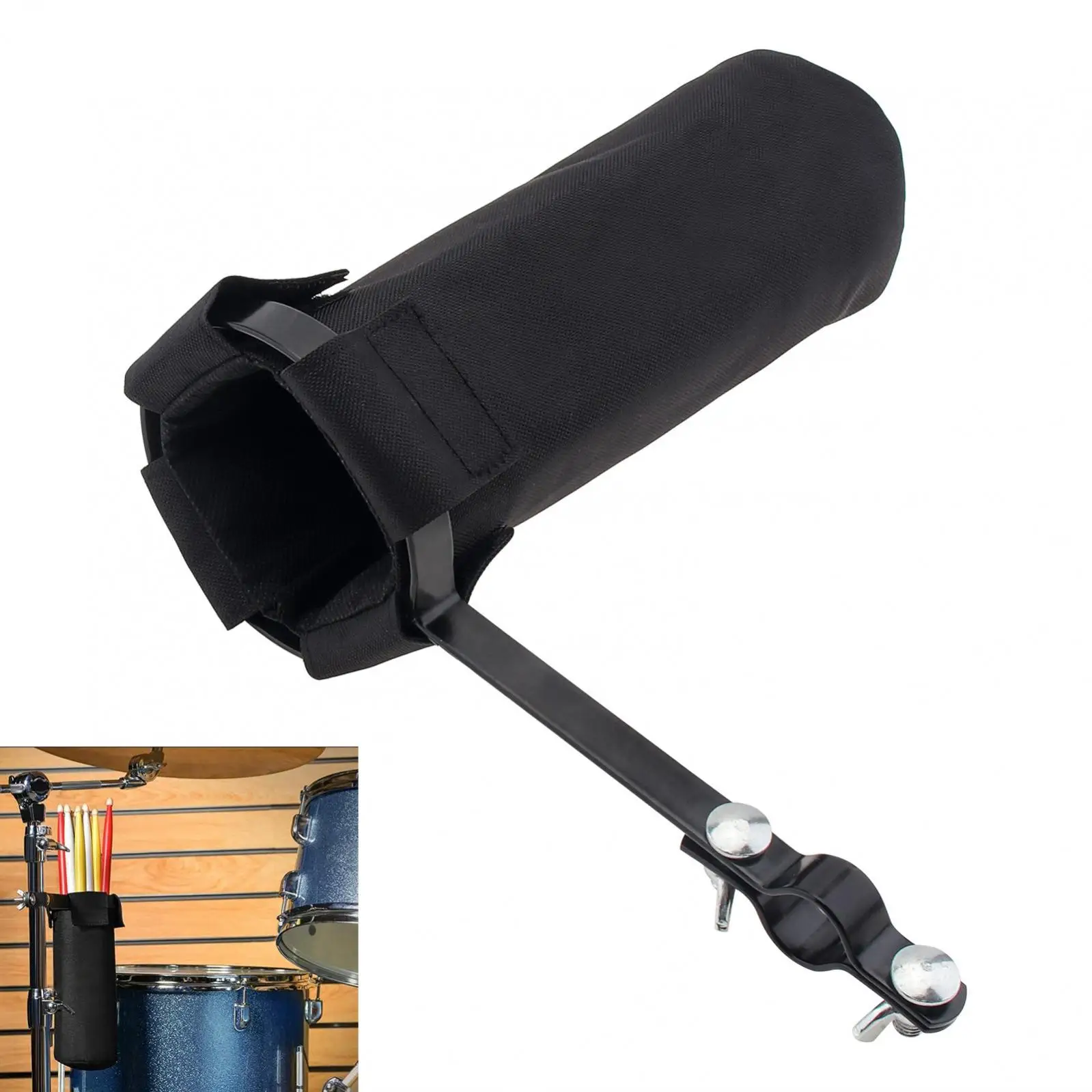 Removable Oxford Cloth Clamp on Metal Clamp Drum Sticks Holder for Drumsticks Mallets Up to 10 Pairs, Black Drumsticks Bag